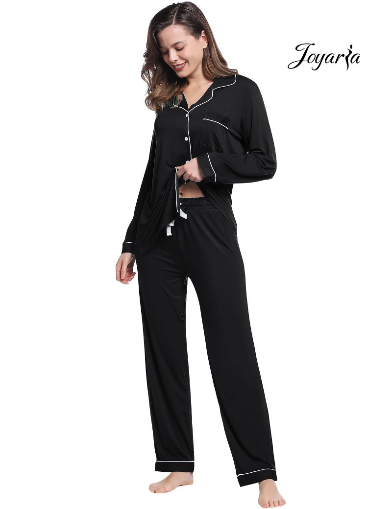 Joyaria Womens Summer Bamboo Viscose Button Down/Up Pajama/Pj/Sleep Sets Sleepwear(Black, Large) - Image 2